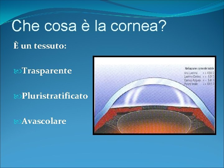 Che cosa è la cornea? È un tessuto: Trasparente Pluristratificato Avascolare 