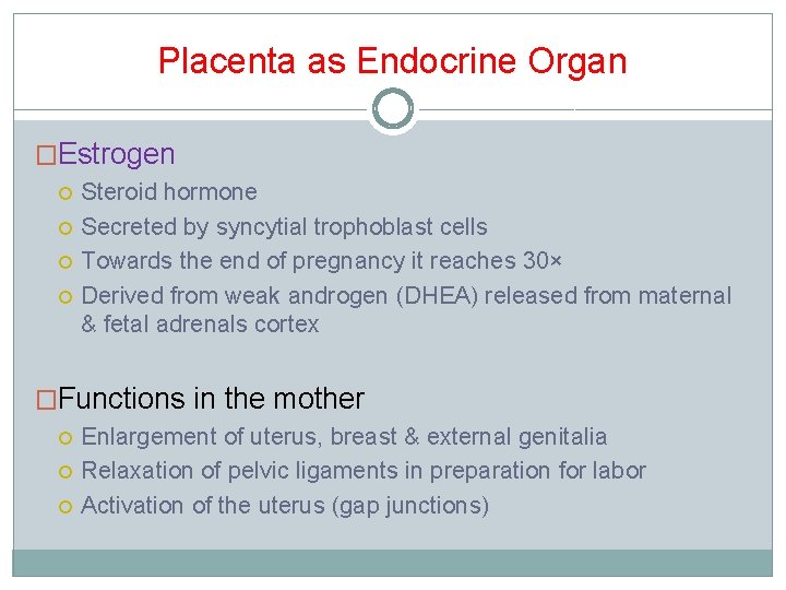 Placenta as Endocrine Organ �Estrogen Steroid hormone Secreted by syncytial trophoblast cells Towards the