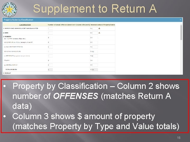Supplement to Return A • Property by Classification – Column 2 shows number of