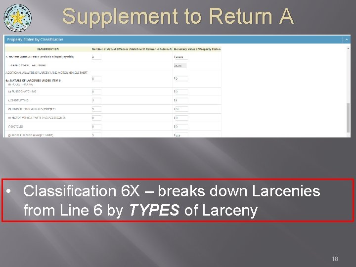 Supplement to Return A • Classification 6 X – breaks down Larcenies from Line