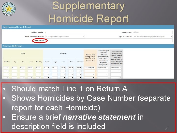Supplementary Homicide Report • Should match Line 1 on Return A • Shows Homicides