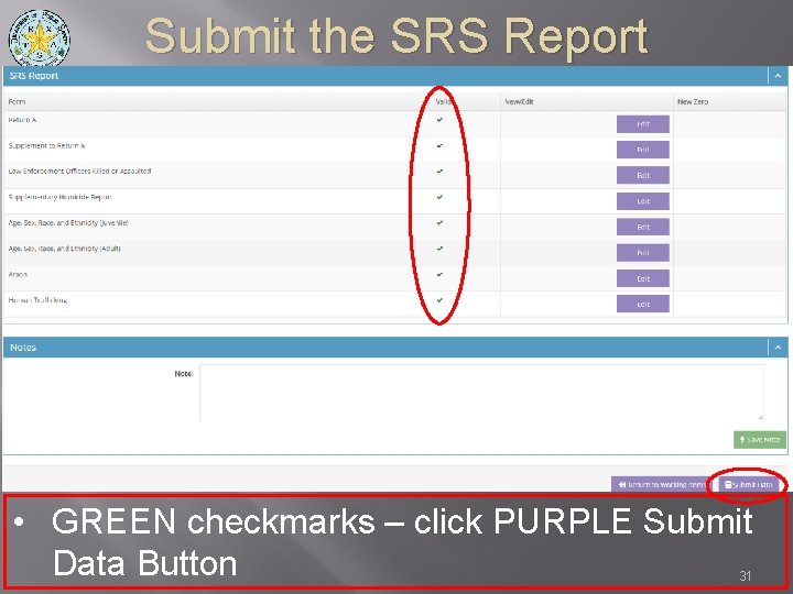 Submit the SRS Report • GREEN checkmarks – click PURPLE Submit Data Button 31