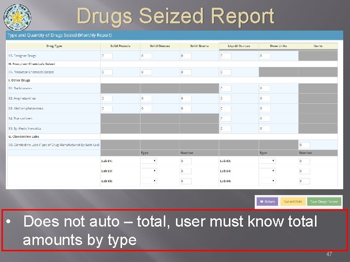 Drugs Seized Report • Does not auto – total, user must know total amounts