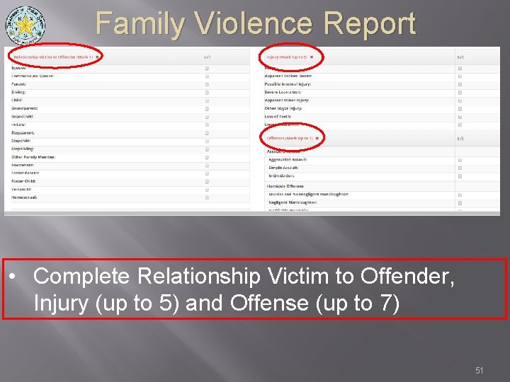 Family Violence Report • Complete Relationship Victim to Offender, Injury (up to 5) and