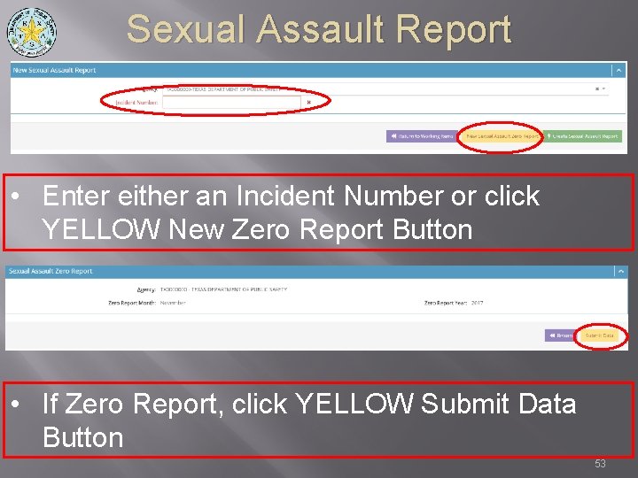 Sexual Assault Report • Enter either an Incident Number or click YELLOW New Zero