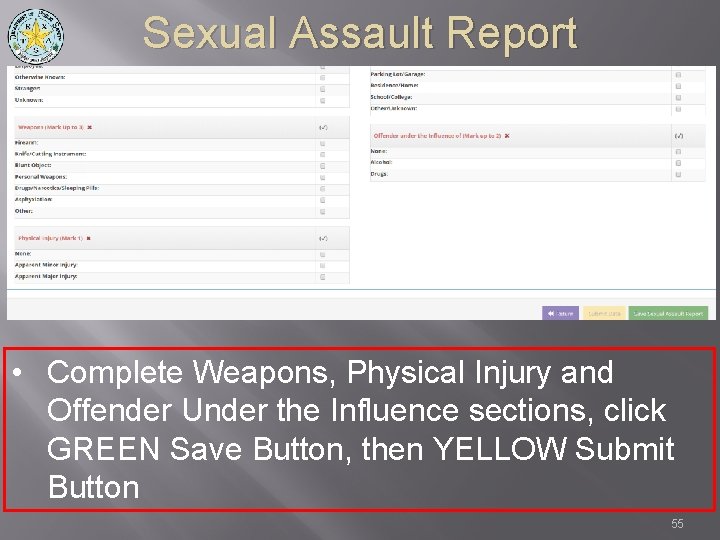 Sexual Assault Report • Complete Weapons, Physical Injury and Offender Under the Influence sections,