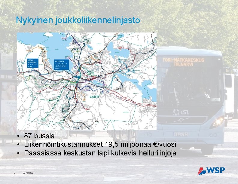 Nykyinen joukkoliikennelinjasto • 87 bussia • Liikennöintikustannukset 19, 5 miljoonaa €/vuosi • Pääasiassa keskustan