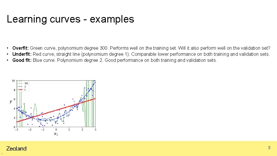 Learning curves - examples • Overfit: Green curve, polynomium degree 300. Performs well on