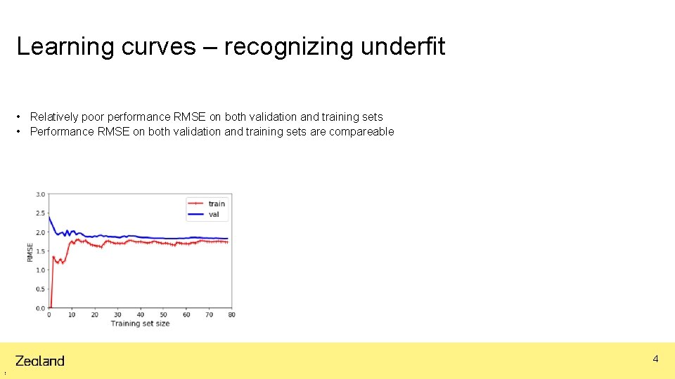 Learning curves – recognizing underfit • Relatively poor performance RMSE on both validation and