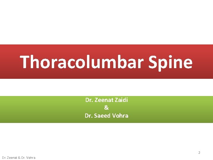 Thoracolumbar Spine Dr. Zeenat Zaidi & Dr. Saeed Vohra 2 Dr. Zeenat & Dr.