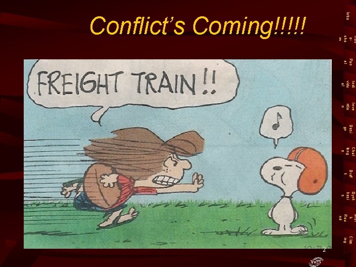 Intro Trad esho w Conflict’s Coming!!!!! Pan el Indi vidu al Inve ntio n