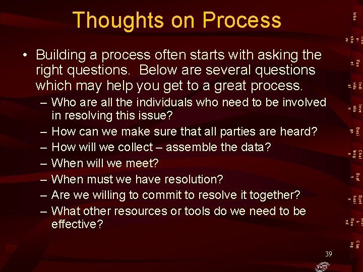 Intro Thoughts on Process Trad esho w Pan el • Building a process often