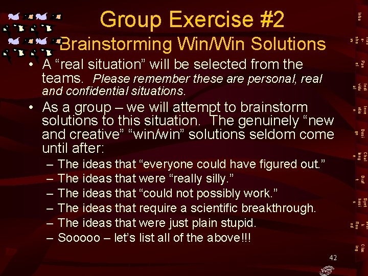 Intro Group Exercise #2 Trad esho w Brainstorming Win/Win Solutions Pan el • A