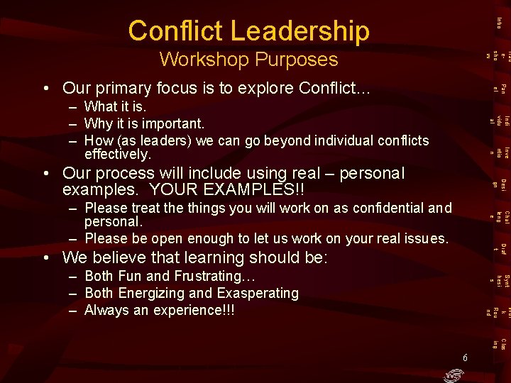 Intro Conflict Leadership Trad esho w Workshop Purposes Pan el • Our primary focus