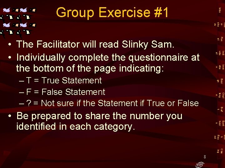 Intro Group Exercise #1 Trad esho w Pan el Indi vidu al • The