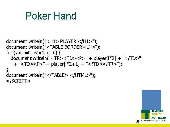 Poker Hand document. writeln("<H 1> PLAYER </H 1>"); document. writeln("<TABLE BORDER='1' >"); for (var