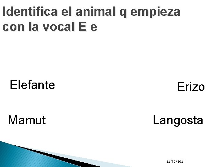 Identifica el animal q empieza con la vocal E e Elefante Mamut Erizo Langosta