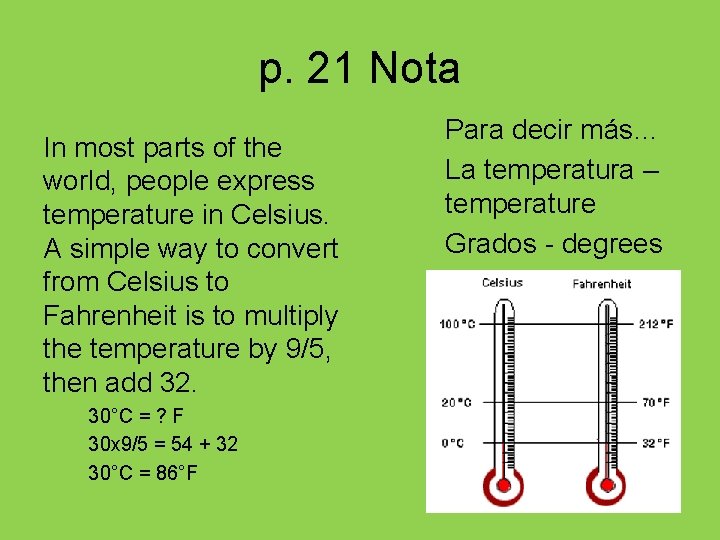 p. 21 Nota In most parts of the world, people express temperature in Celsius.