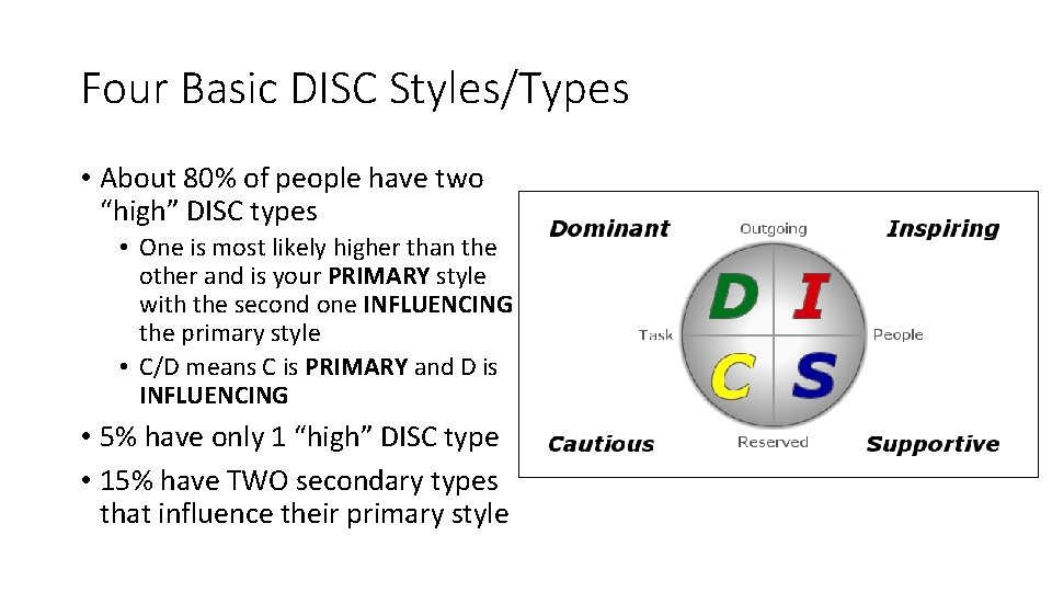 Four Basic DISC Styles/Types • About 80% of people have two “high” DISC types
