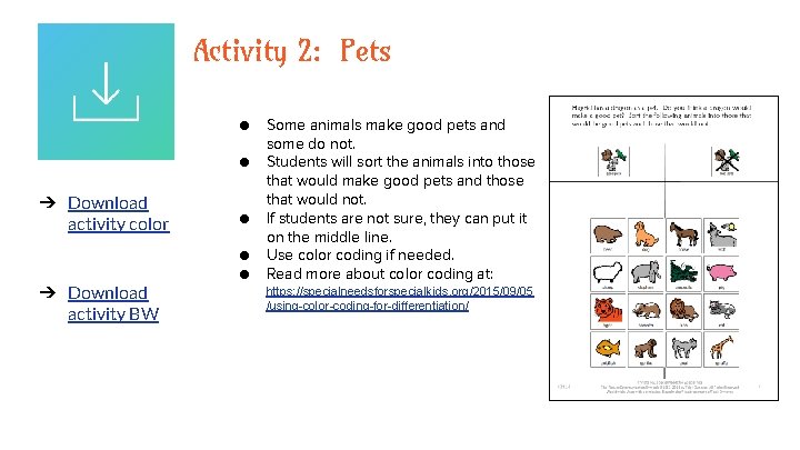 Activity 2: Pets ● ● ➔ Download activity color ➔ Download activity BW ●