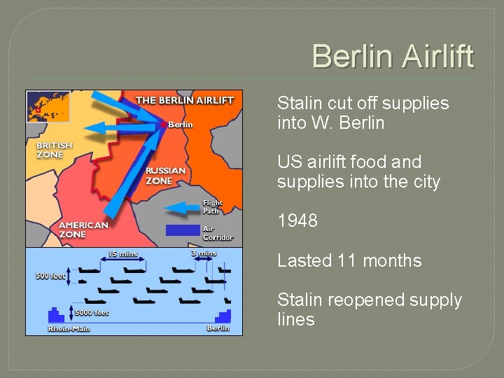 Berlin Airlift Stalin cut off supplies into W. Berlin US airlift food and supplies