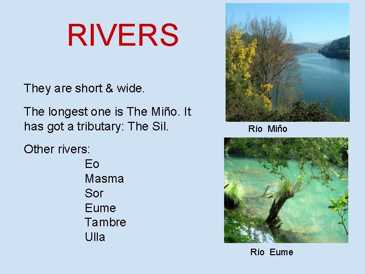 RIVERS They are short & wide. The longest one is The Miño. It has