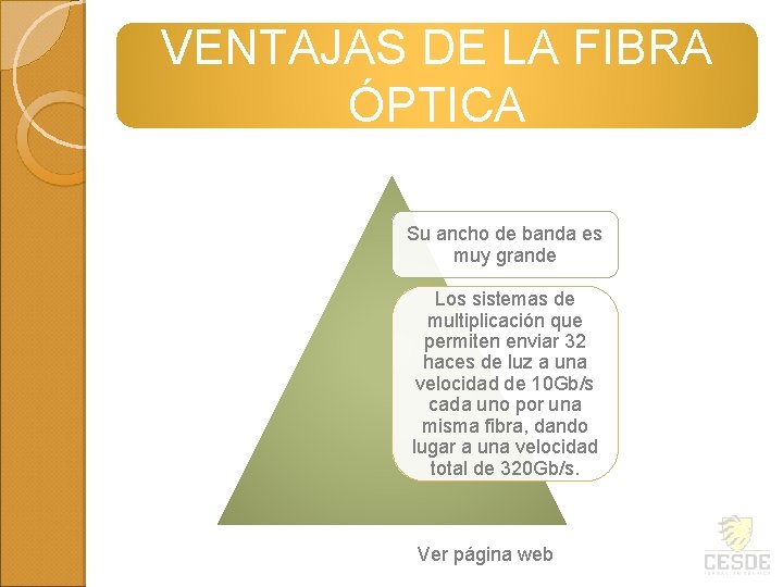 VENTAJAS DE LA FIBRA ÓPTICA Su ancho de banda es muy grande Los sistemas