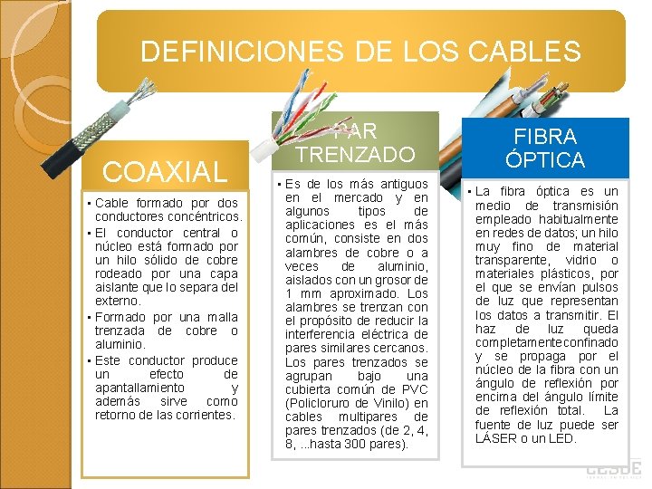 DEFINICIONES DE LOS CABLES COAXIAL • Cable formado por dos conductores concéntricos. • El
