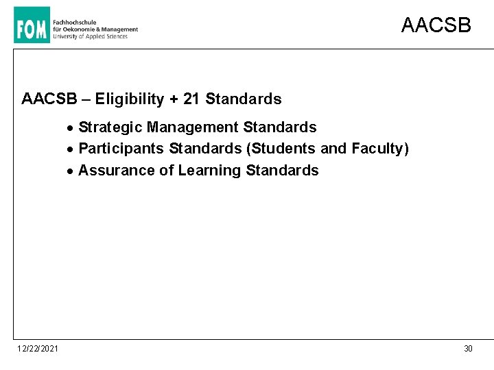 AACSB – Eligibility + 21 Standards · Strategic Management Standards · Participants Standards (Students