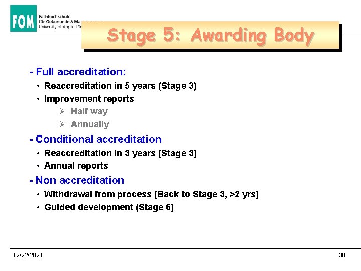 Stage 5: Awarding Body - Full accreditation: • Reaccreditation in 5 years (Stage 3)