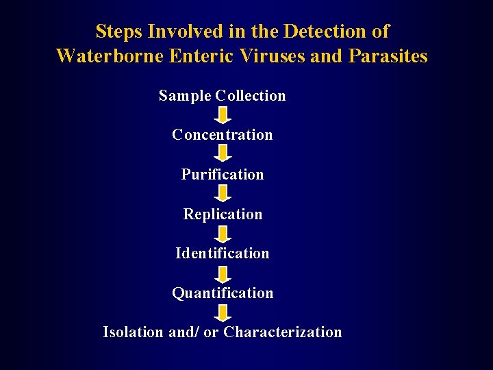 Steps Involved in the Detection of Waterborne Enteric Viruses and Parasites Sample Collection Concentration