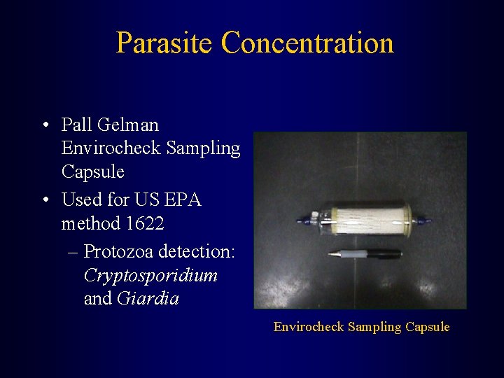 Parasite Concentration • Pall Gelman Envirocheck Sampling Capsule • Used for US EPA method