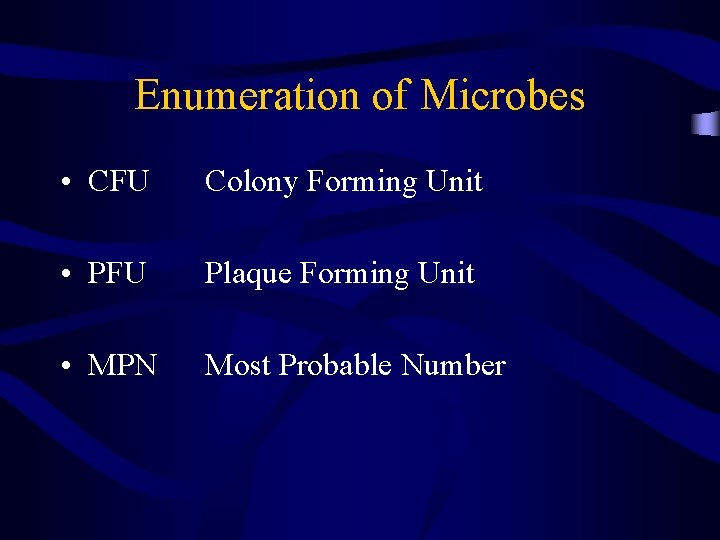 Enumeration of Microbes • CFU Colony Forming Unit • PFU Plaque Forming Unit •