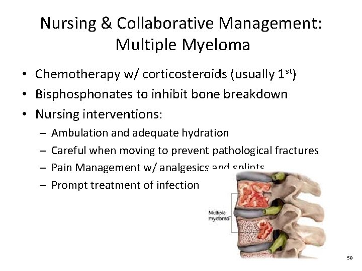 Nursing & Collaborative Management: Multiple Myeloma • Chemotherapy w/ corticosteroids (usually 1 st) •