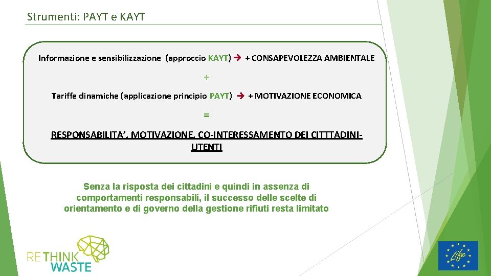 Strumenti: PAYT e KAYT Informazione e sensibilizzazione (approccio KAYT) + CONSAPEVOLEZZA AMBIENTALE + Tariffe