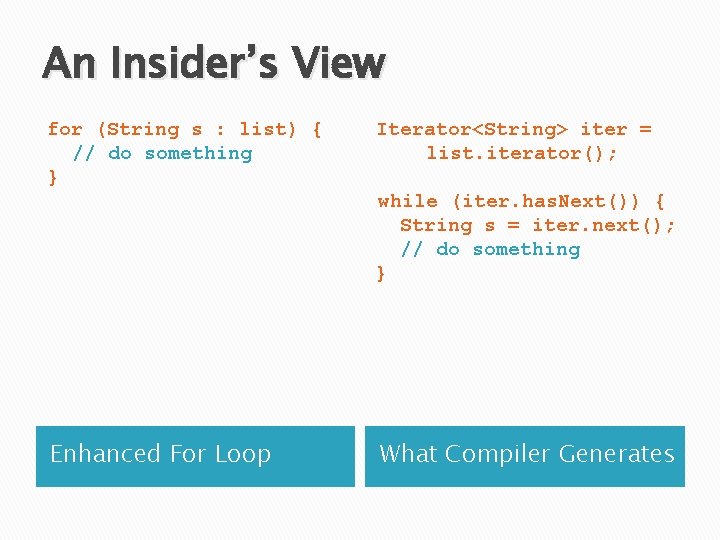 An Insider’s View for (String s : list) { // do something } Iterator<String>