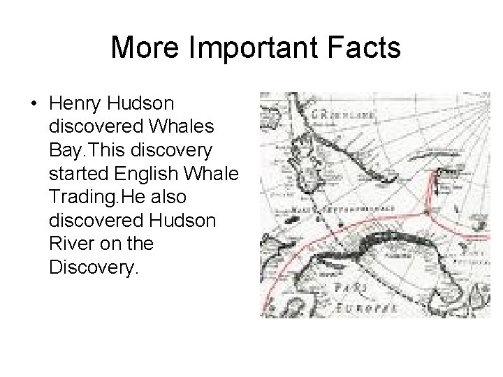 More Important Facts • Henry Hudson discovered Whales Bay. This discovery started English Whale