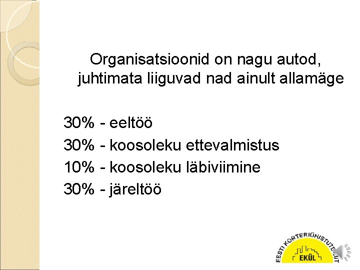 Organisatsioonid on nagu autod, juhtimata liiguvad nad ainult allamäge 30% - eeltöö 30% -