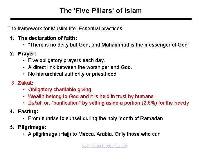 The 'Five Pillars' of Islam The framework for Muslim life. Essential practices 1. The