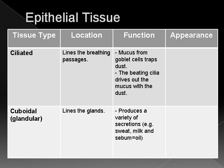 Epithelial Tissue Type Location Function Ciliated Lines the breathing - Mucus from passages. goblet