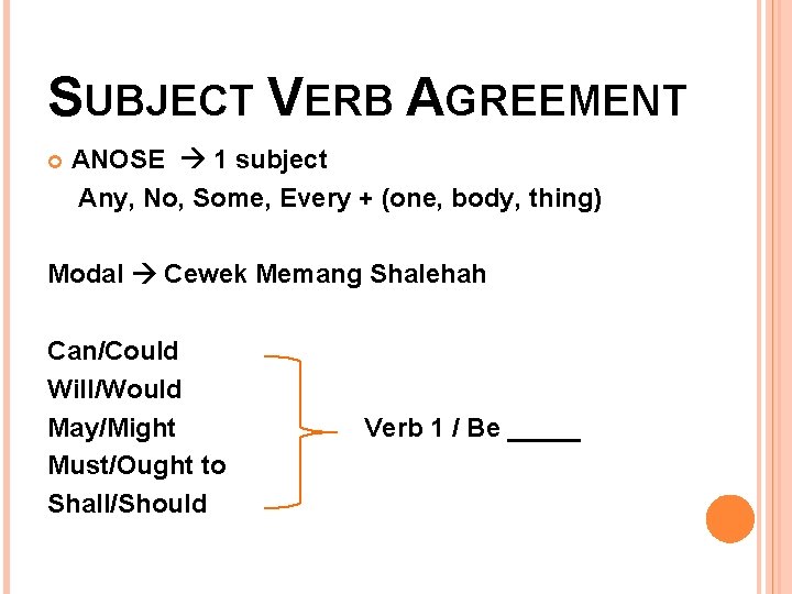 SUBJECT VERB AGREEMENT ANOSE 1 subject Any, No, Some, Every + (one, body, thing)