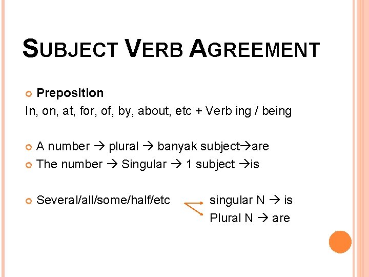 SUBJECT VERB AGREEMENT Preposition In, on, at, for, of, by, about, etc + Verb