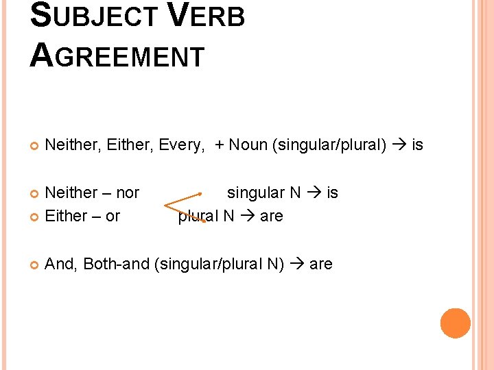 SUBJECT VERB AGREEMENT Neither, Every, + Noun (singular/plural) is Neither – nor Either –