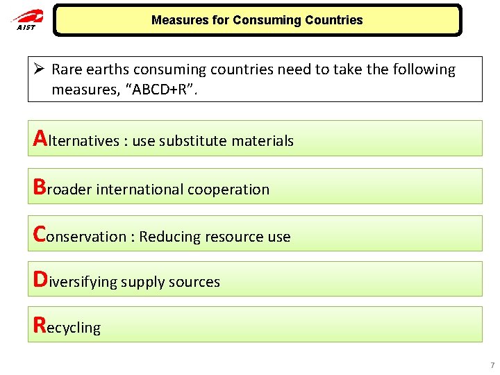 AIST Measures for Consuming Countries Ø Rare earths consuming countries need to take the