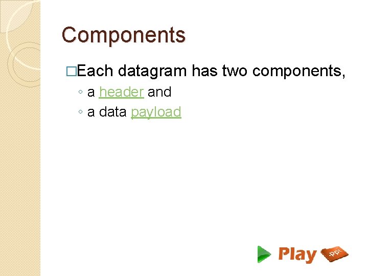 Components �Each datagram has two components, ◦ a header and ◦ a data payload