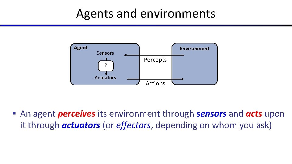 Agents and environments Agent Sensors ? Actuators Environment Percepts Actions § An agent perceives Agents and environments Agent Sensors ? Actuators Environment Percepts Actions § An agent perceives