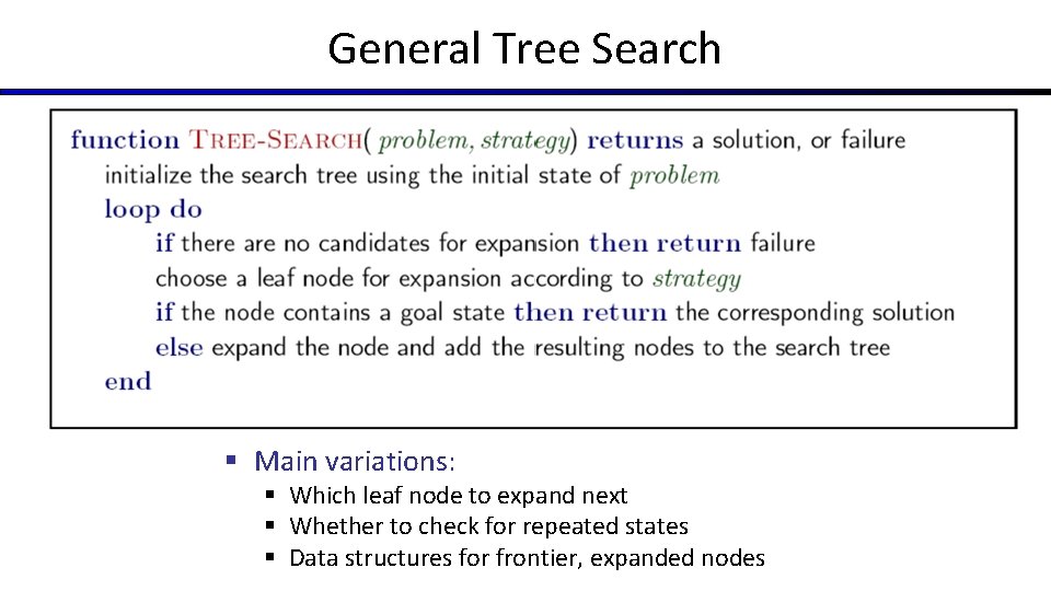 General Tree Search § Main variations: § Which leaf node to expand next § General Tree Search § Main variations: § Which leaf node to expand next §