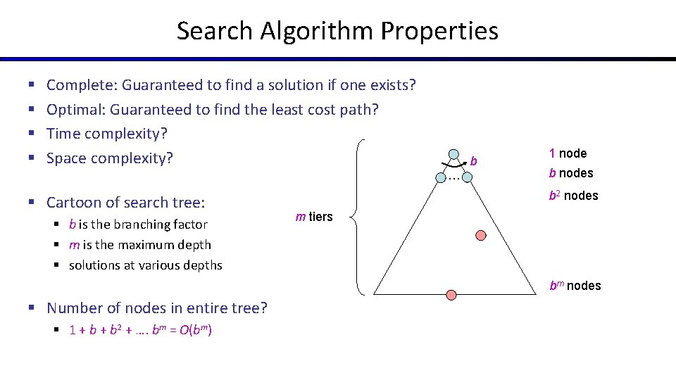 Search Algorithm Properties § § Complete: Guaranteed to find a solution if one exists? Search Algorithm Properties § § Complete: Guaranteed to find a solution if one exists?