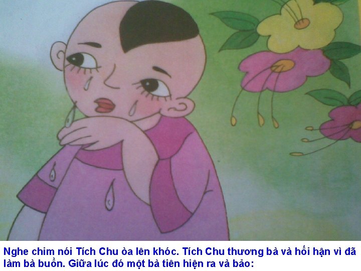 Nghe chim nói Tích Chu òa lên khóc. Tích Chu thương bà và hối