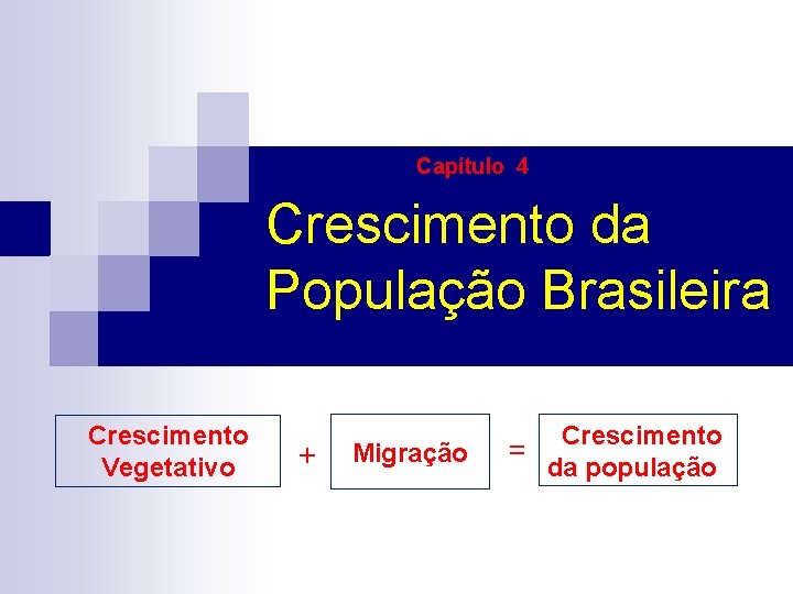 Capítulo 4 Crescimento da População Brasileira + Migração = Crescimento Vegetativo Crescimento da população